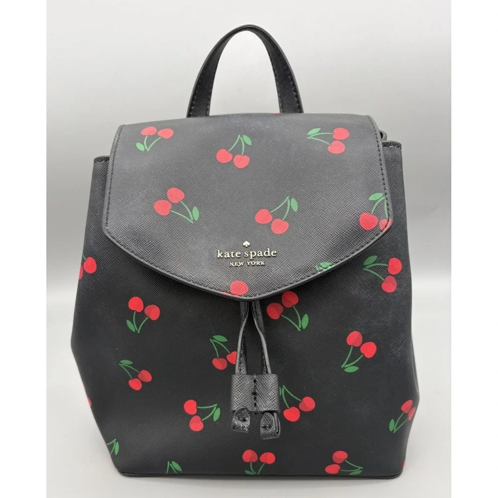 Kate Spade New York Black Red Cherries Womens Purse Bag with Straps Faux Leather